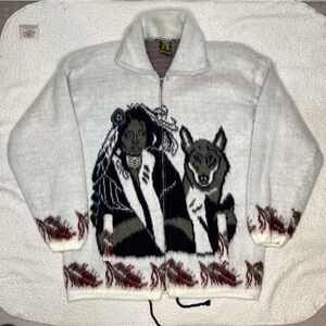 Rumiñahui Wool Incan Woman And Wolf Full Zip Sweater: Size Large